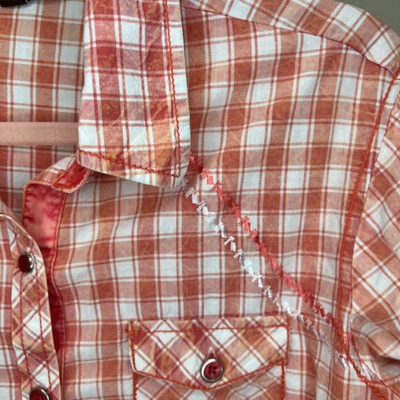 Cowgirl Up Distressed Bleached Plaid Snap Down Shirt Salmon size Small - Picture 4 of 7
